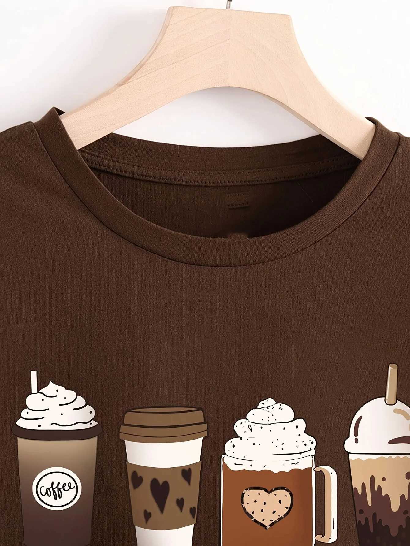 Coffee Lover Graphic Womens Tee - Cute Coffee Cups Print Casual Brown Top M260317