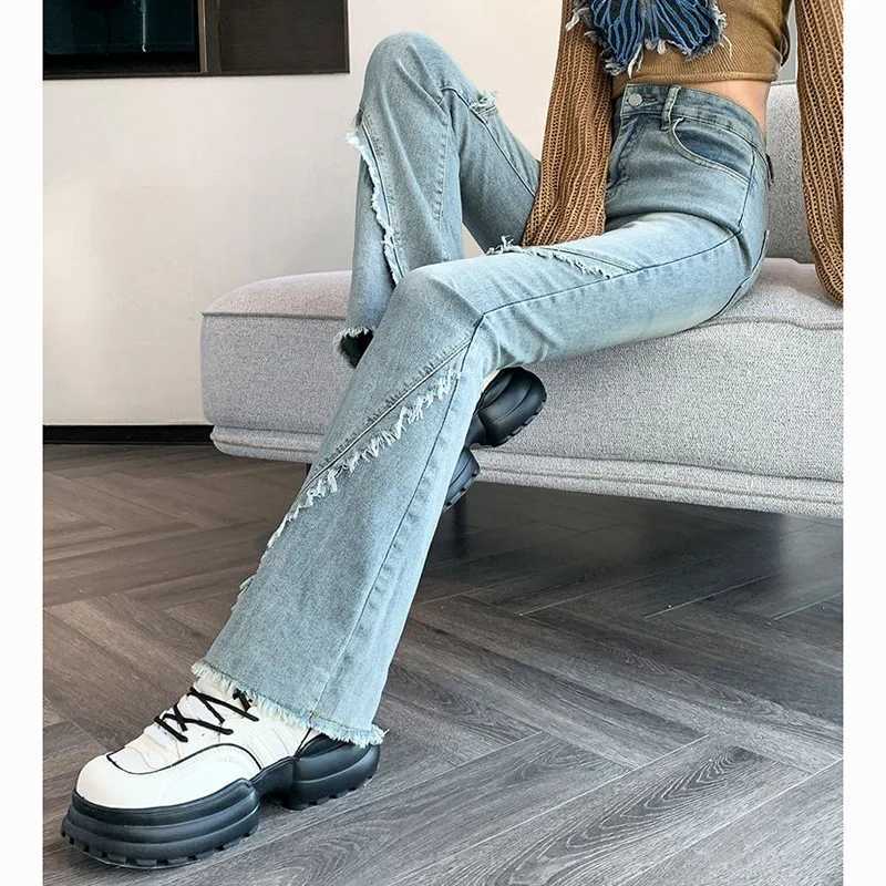 s Chic Raw Edges Straight Leg Flared Jeans Lady High Waist Solid Denim Pants Hot Sale Women Fashion Casual Trousers M260317