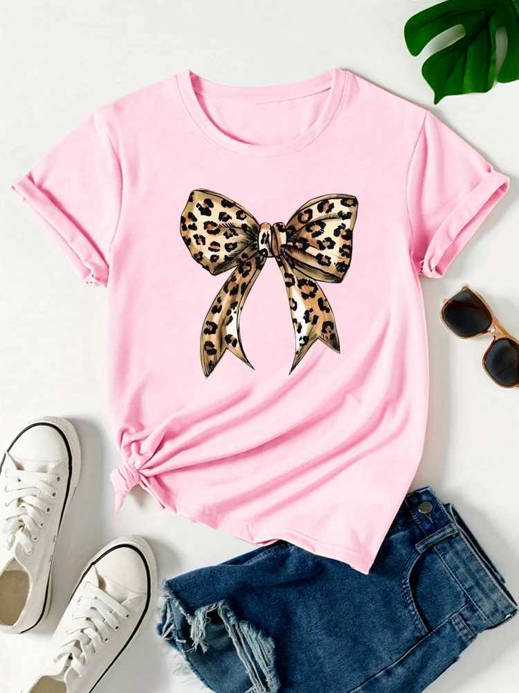 Summer New 90s Leopard Print Bow Short Sleeve Print Clothing Womens T-Shirt Harajuku Graphic Clothing Womens Top Tee M260317