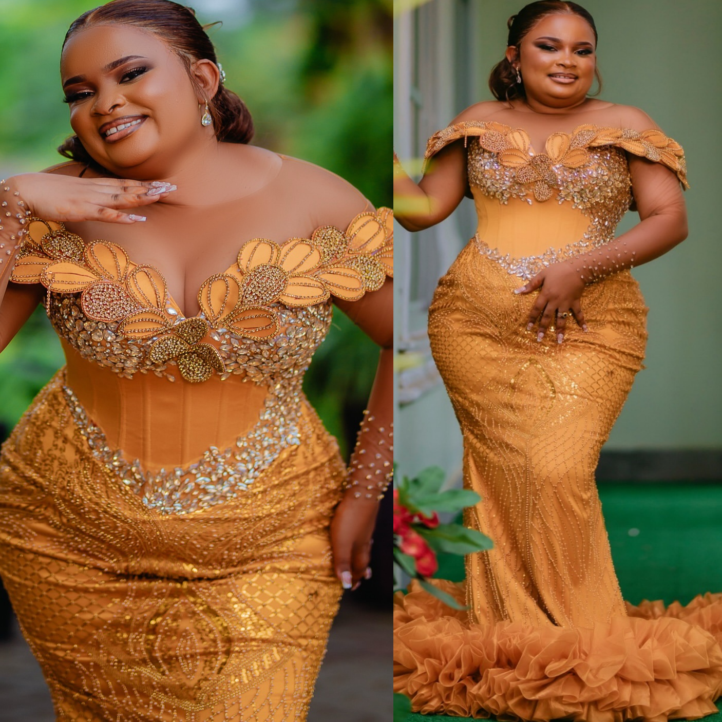 2K26 Gold Prom Dress 2026 Mermaid Prom Dress Florals Crystals Sheer Neck Sequined Evening Dresses Birthday Party Formal Receiption Gowns Dresses ZJ064