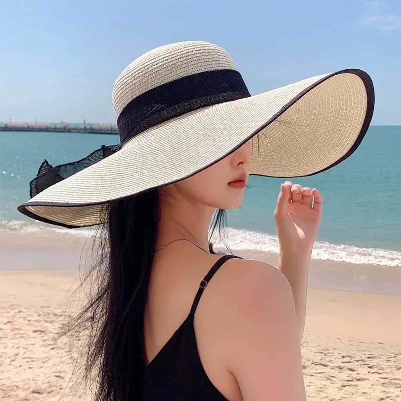 1Pc Womens Seaside Bow Beach Hat Oversize Straw Hat Womens Summer Sun Block Big Brim Hat Suitable For Sun Protection H260317 - view 4