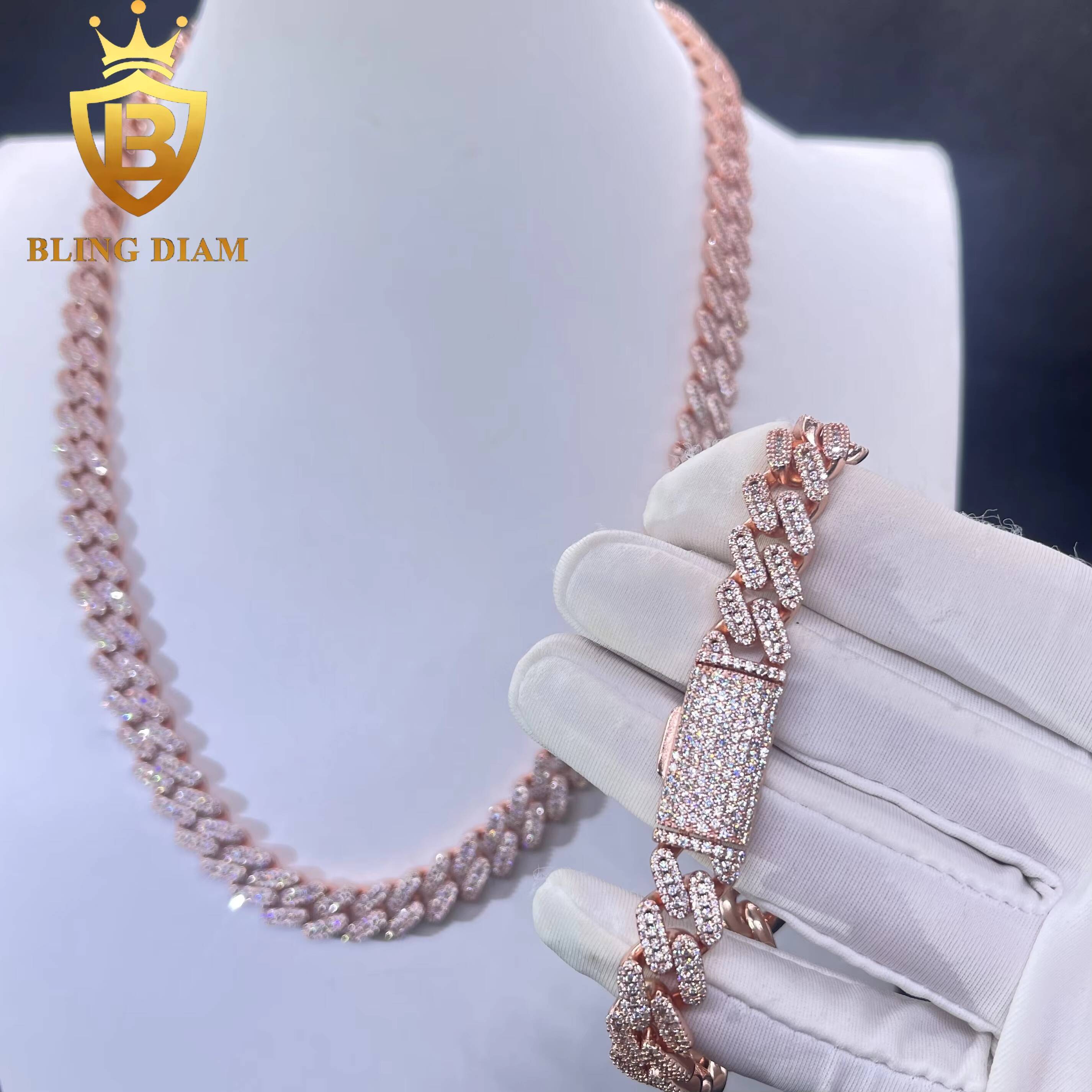 10mm Hip Hop Jewelry Miami Rose Gold Cuban Link Chain Moissanite Iced Out 925 Sterling Silver Necklace Bracelet Set for Men