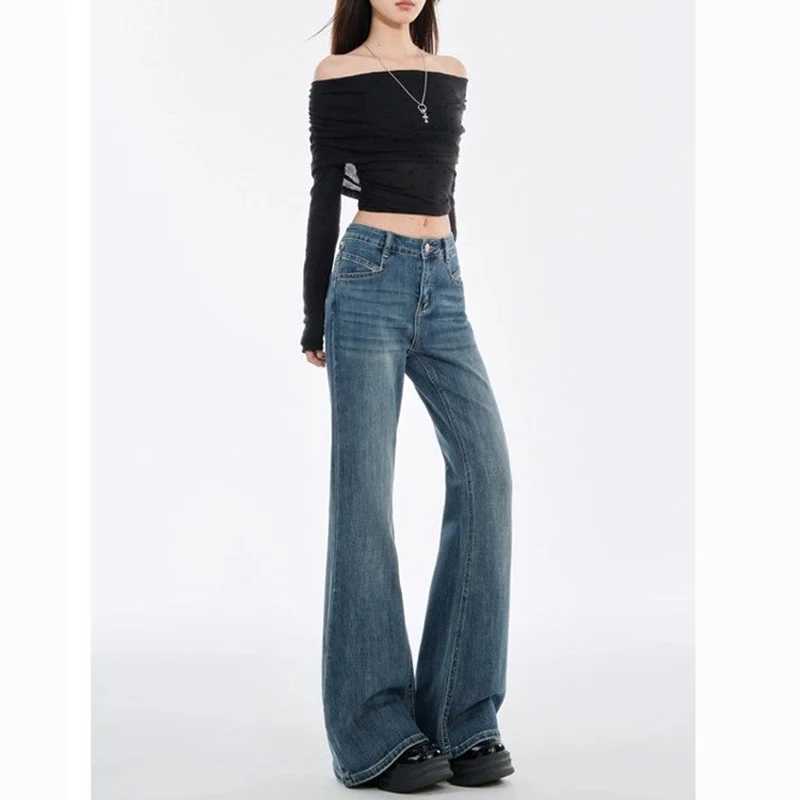 2025 Women Retro Blue Flared Jeans Hot Sale Lady High Waist Casual Denim Trousers s Classic Korean Straight Leg Pants M260317