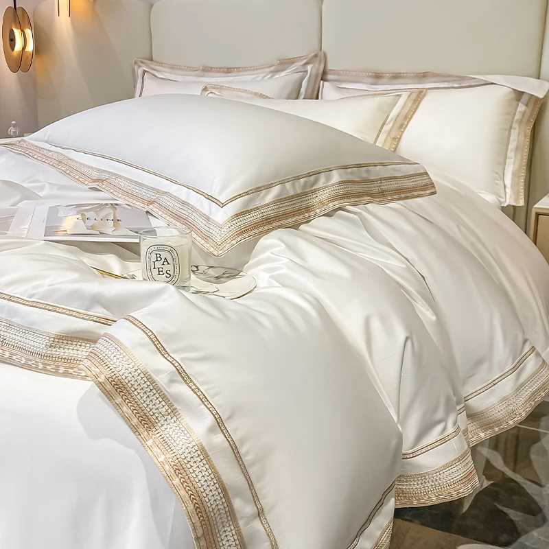 Premium 1000TC Egyptian Cotton Luxury Gold Embroidery Hotel Style Bedding Set Duvet Cover Flat/Fitted Bed Sheet Pillowcases 4Pcs D260317