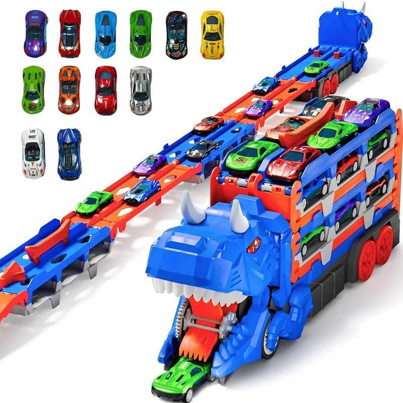 Dinosaur Transport Racing game Toy Set With 12 Molded Racing Cars Transforming Dinosaur Car With Handle Gift For Kids Aged 3-5 Y260316