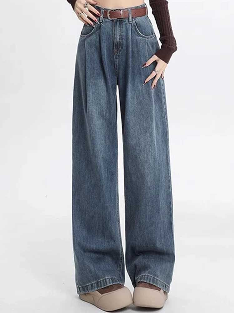 Woman High Waist Straight Leg Jeans Lady Loose Denim Wide Leg Pants Girls Korean Khaki Retro Blue Light Blue Gray White TrousersT260317