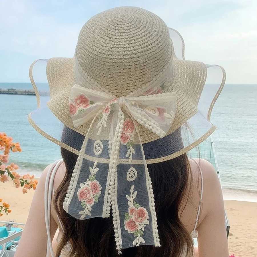 Ladies flower ribbon sun hat for beach vacation sweet sun hat for summer big brimmed straw hat H260317 - view 4