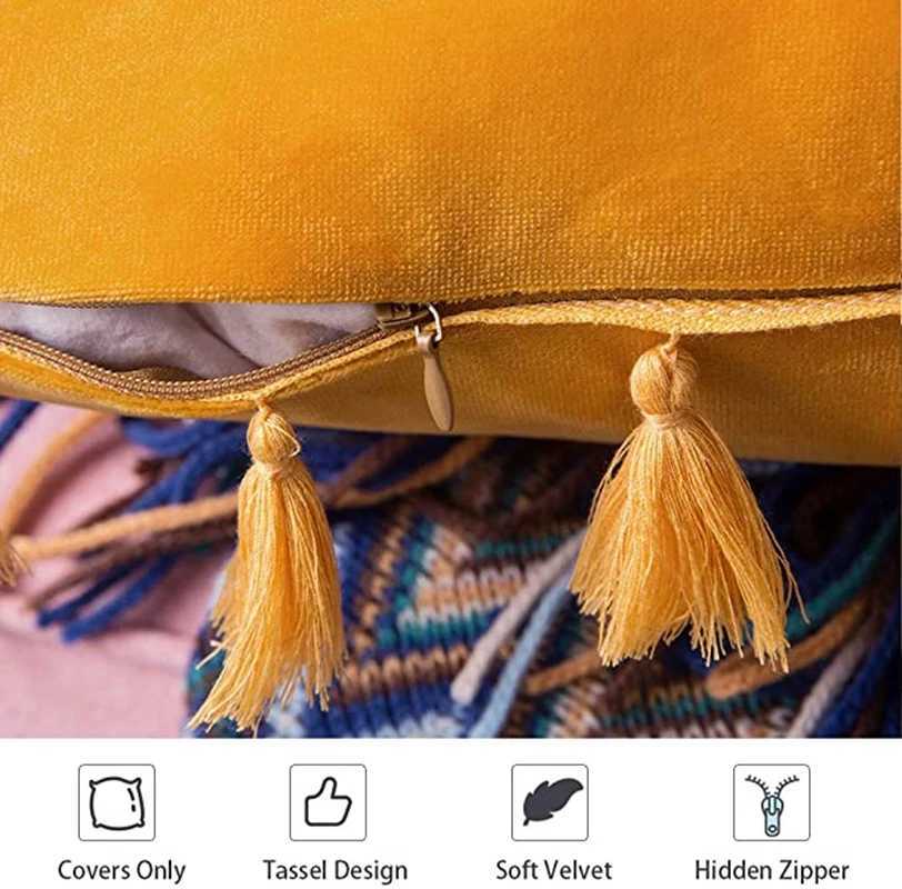Velvet Soft Solid Decorative Throw Pillow Cover with Tassels Boho Accent Luxury Gift Cushion Case for Couch Bedroom Car Yellow D260317