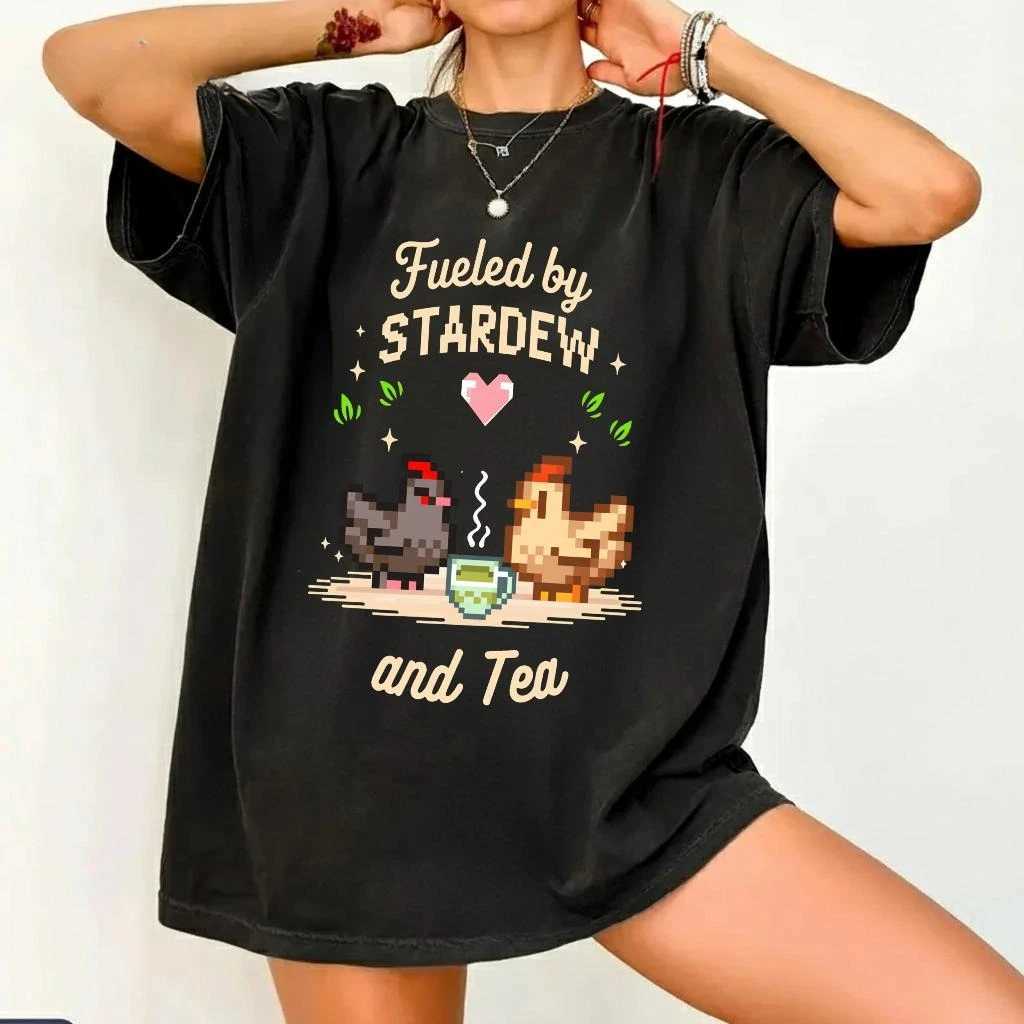 2026 Summer Womens RETRO Stardew Print T Shirt Pure Cotton and BreaTHable Short Sleeve Streetwear Oversized Loose Casual M260317