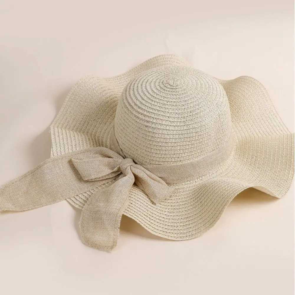 Fashion UV Protection Beach Hat Wide Brim Bow Ribbons Travel Straw Hat Portable Foldable Sun Visor Cap H260317 - view 6