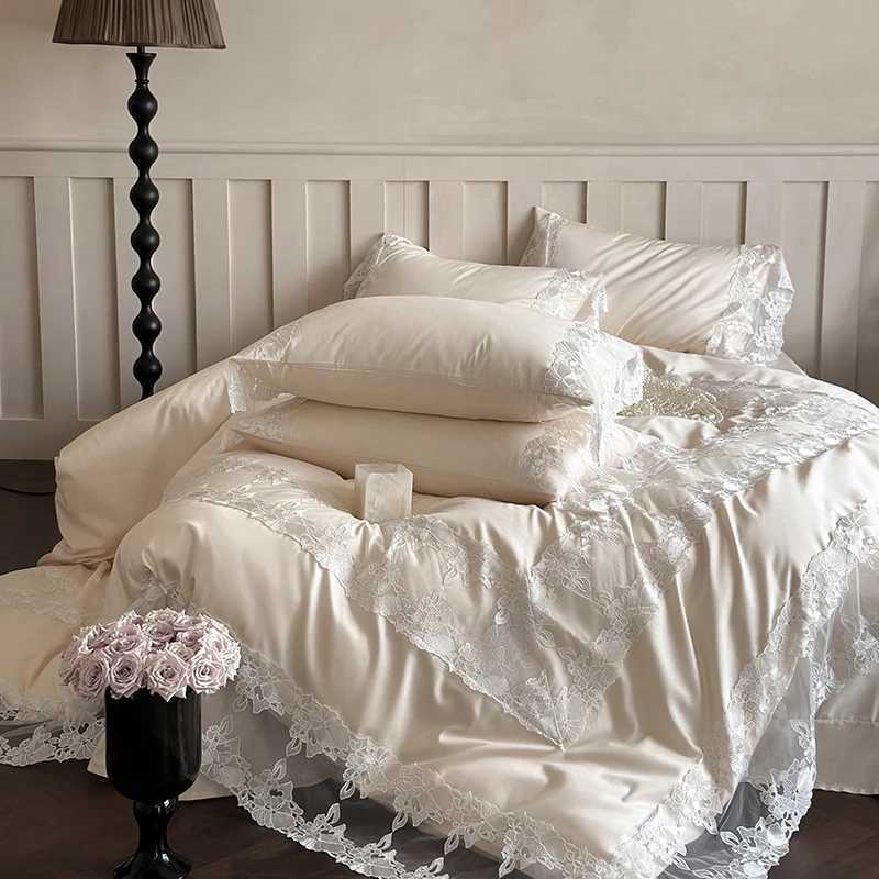 Romantic White Flowers Lace Princess Wedding Bedding Set 100S Egyptian Cotton Duvet Cover Flat/Fitted Bed Sheet Pillowcases 4Pcs D260317