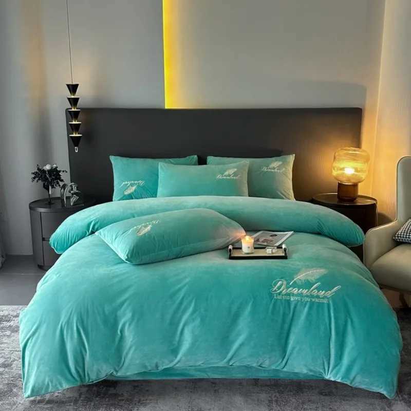Milk fleece four-piece set towel embroidered quilt cover crystal fleece three-piece set solid color embroidered bedding D260317