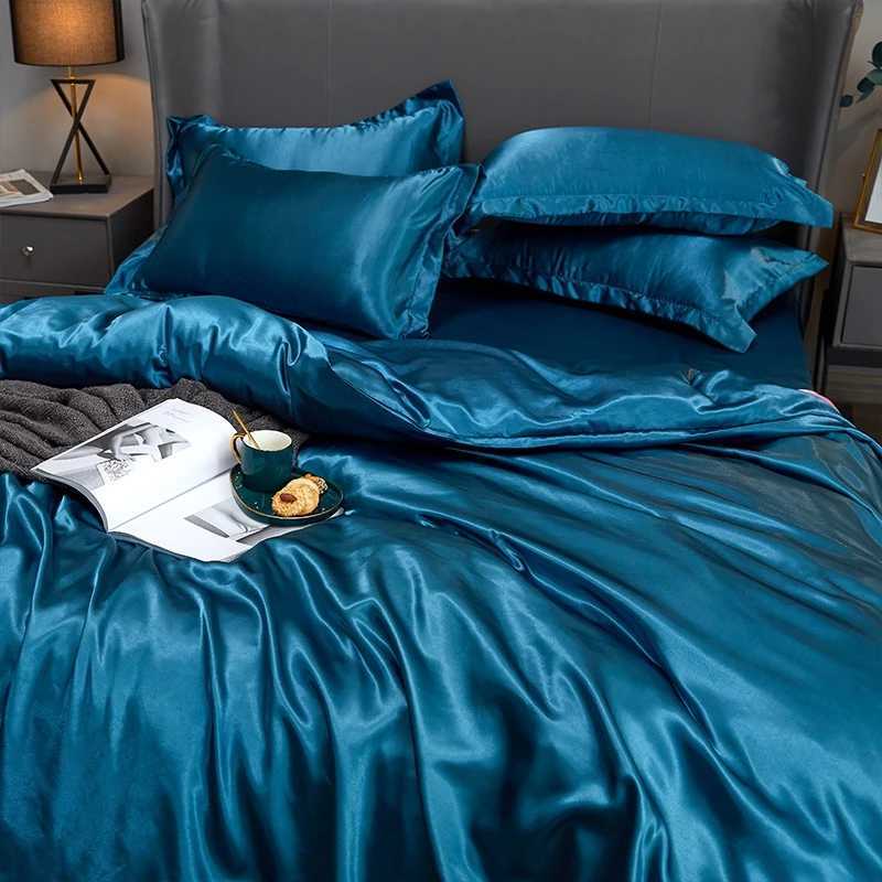Solid color 3/4PCS fitted sheet bedding set Washed ice silk flat bedsheet Duvet cover pillowcase Quilt cover sets twin king size D260317