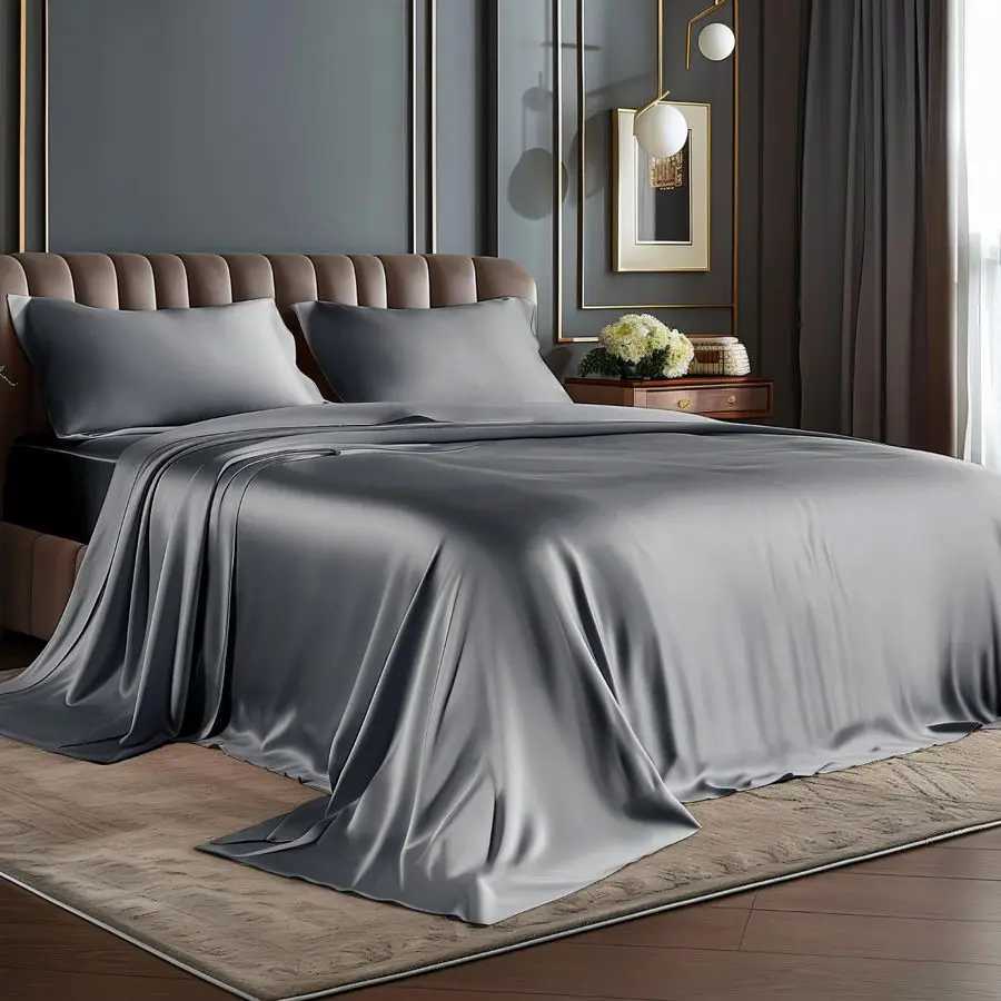 King Size Sheets Set Luxury Soft Dark Grey Satin Sheets for Hair and Skin Similar to Silk Bed Sheets Set 4 Pieces with 1 Deep D260317