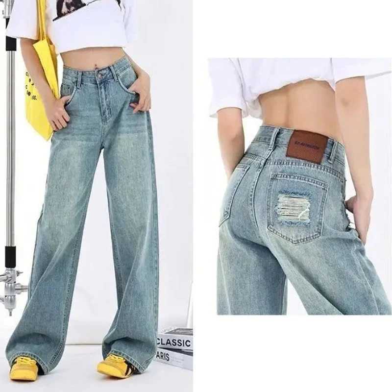 Lady Chic Ripped Baggy Jeans Women Light Blue Narrow Wide Leg Denim Pants s Casual Fashion High Waist Trousers M260317