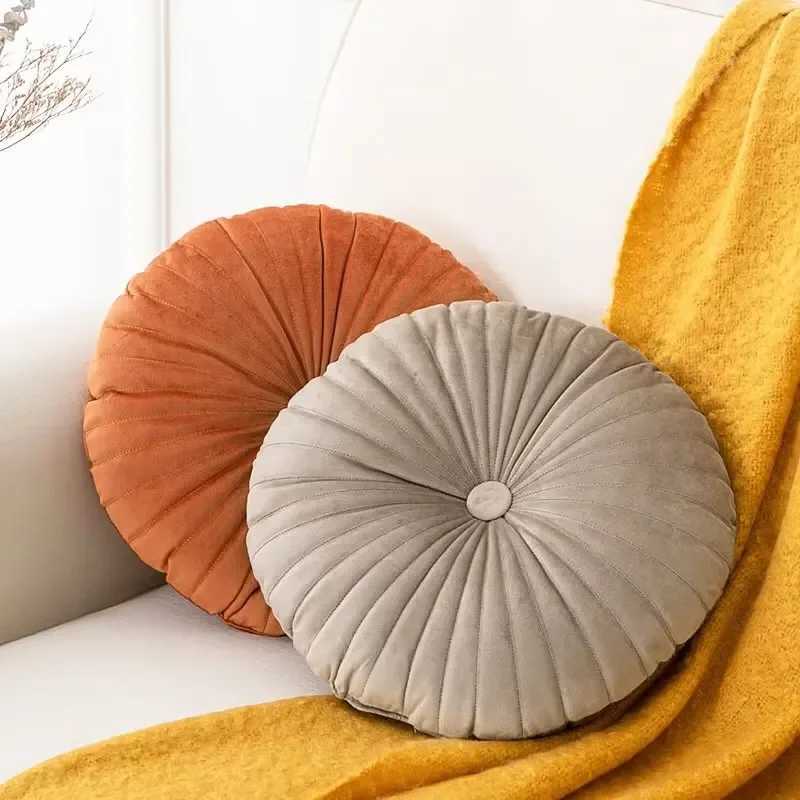 Nordic Pumpkin Throw Pillow Soft Velvet Double Sided Embroidered Button Pillow Circular Tatami Sofa Chair Seat Cushion Luxury D260317