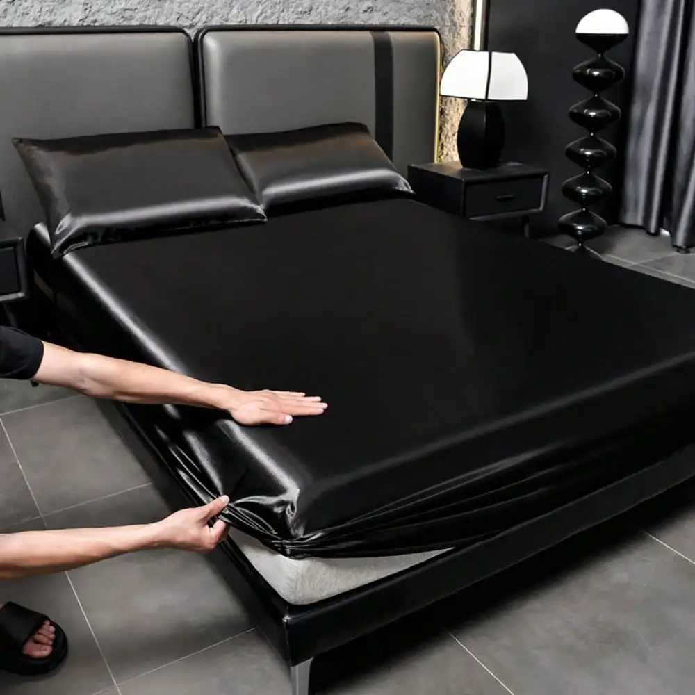 2/3pcs Luxurious Solid Silky Satin Fitted Sheet With Pillowcases For Soft And Comfortable BeddingFor Bedrooms And Guest Rooms D260317