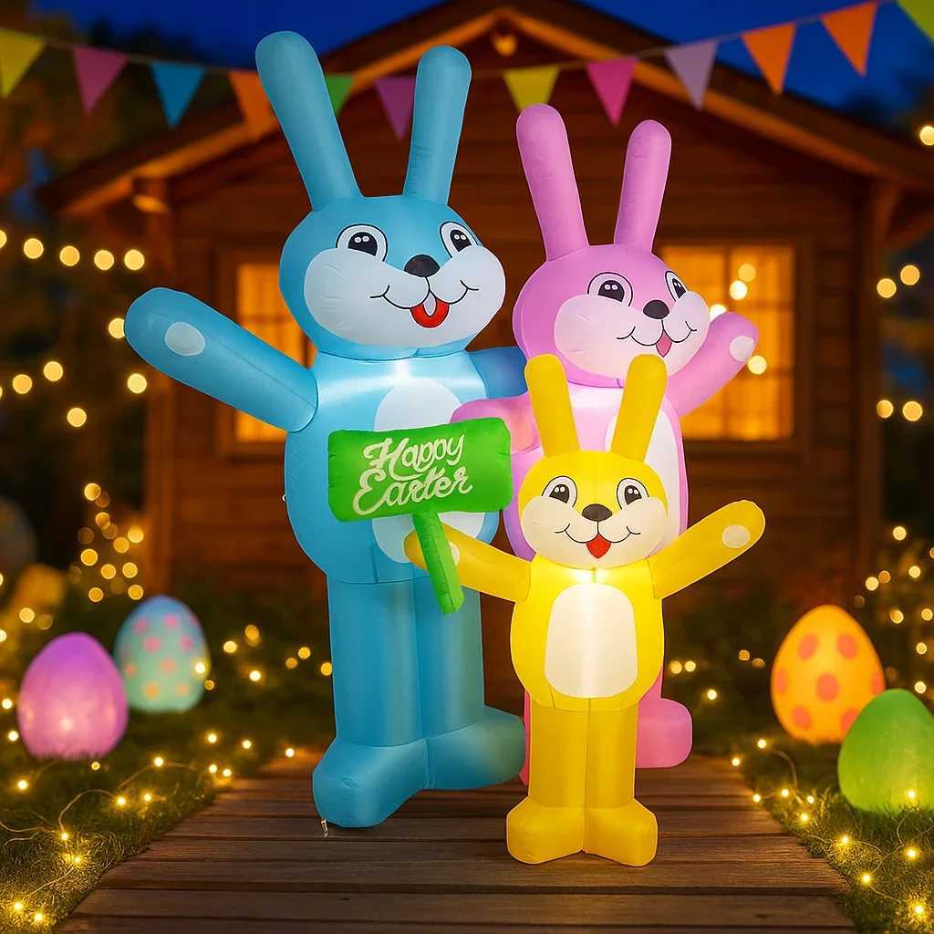Happy Easter Outdoor Holiday Decorations Easter Egg Rabbit Decor Built-in LED Lights Inflatable Model Yard Garden Party Props H260316