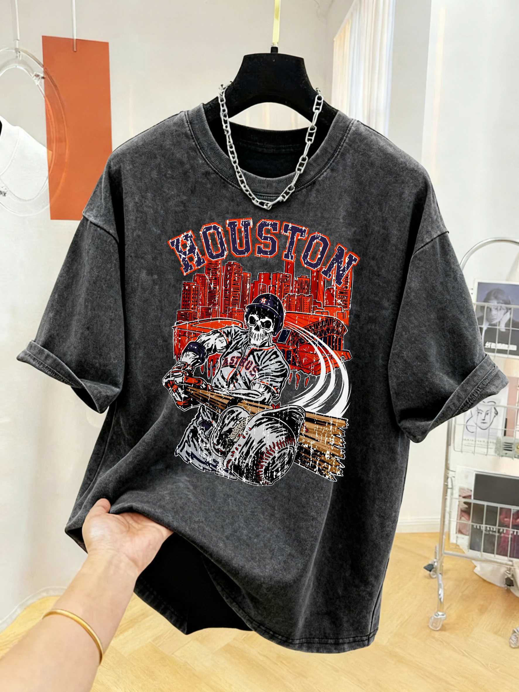 Houston Skeleton Pattern Male Sport Washed T Shirts Cotton All-Match T-Shirt Loose Crewneck Short Sleeve Street Comfy Streetwear M260317