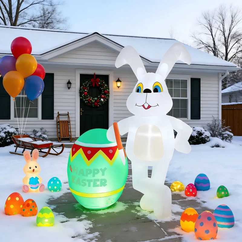 7FT Easter Outdoor Inflatable Rabbit Sit On Mushroom Built-in LED Lights Airblown Courtyard Festive Easter Inflatable H260316