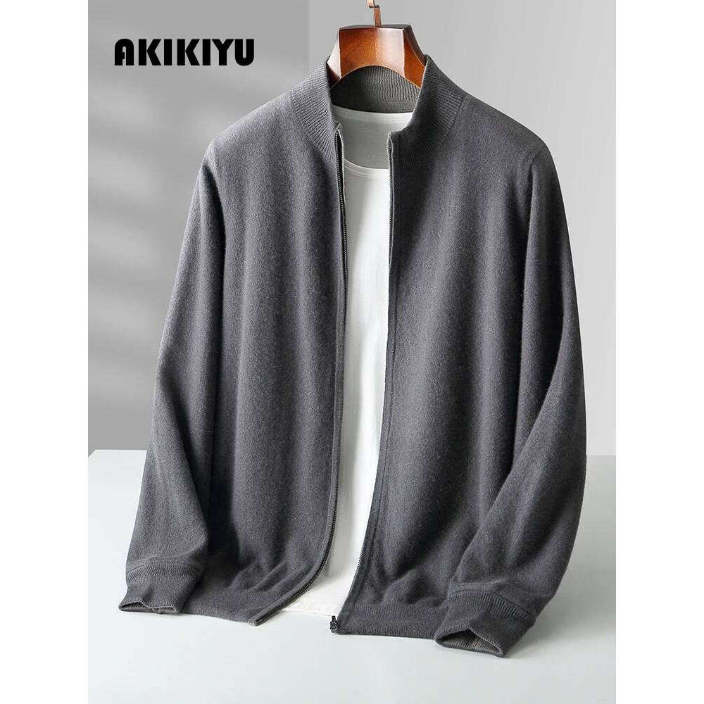 New Luxury Men Zipper Cardigan Cashmere Sweater Autumn Winter Thick Smart Casual 100% Merino Wool Knitwear Double Sided Wearable AKIKIYU