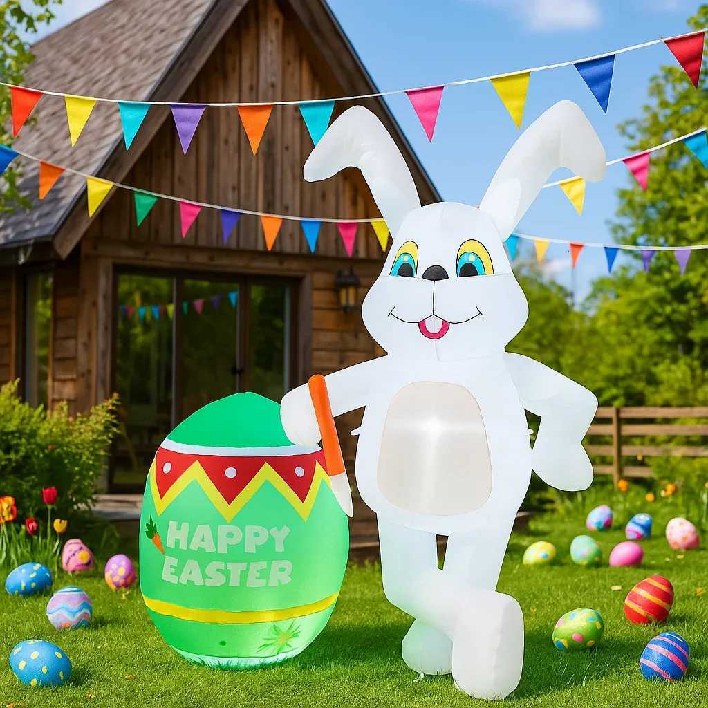 Happy Easter Outdoor Holiday Decorations Easter Egg Rabbit Decor Built-in LED Lights Inflatable Model Yard Garden Party Props H260316