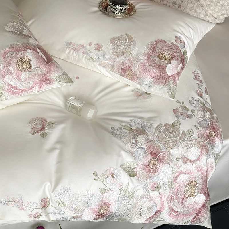 Flowers Embroidery Luxury Bedding Set Egyptian Cotton Single Queen King Size Duvet Cover Flat/Fitted Bed Sheet Pillowcases 3/4Pc D260317