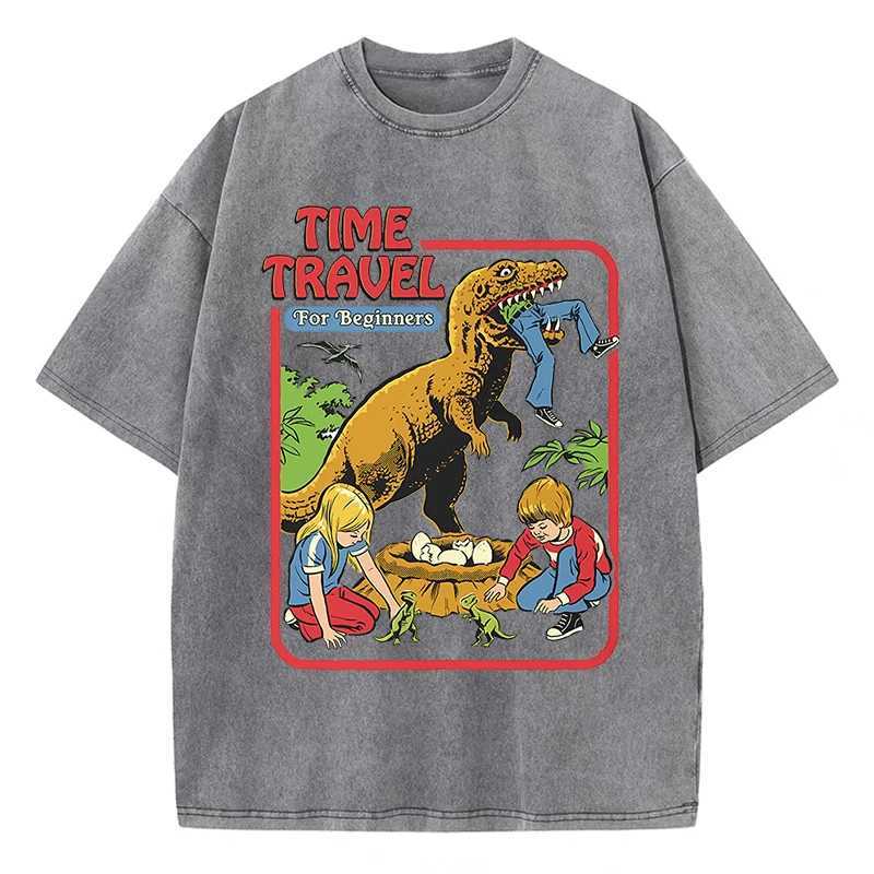 Stealing Dinosaur Baby Caught Washed Retro Men Tshirts Cotton Casual Short Sleeve Fashion Breathable Loose Oversized T-Shirt M260317