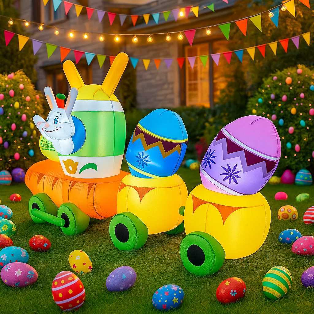 Easter Holiday DIY Inflatable Model Decor 28M/9FT Bunny Easter Egg Train Garden Yard Outdoor Ornament with LED Lights H260316