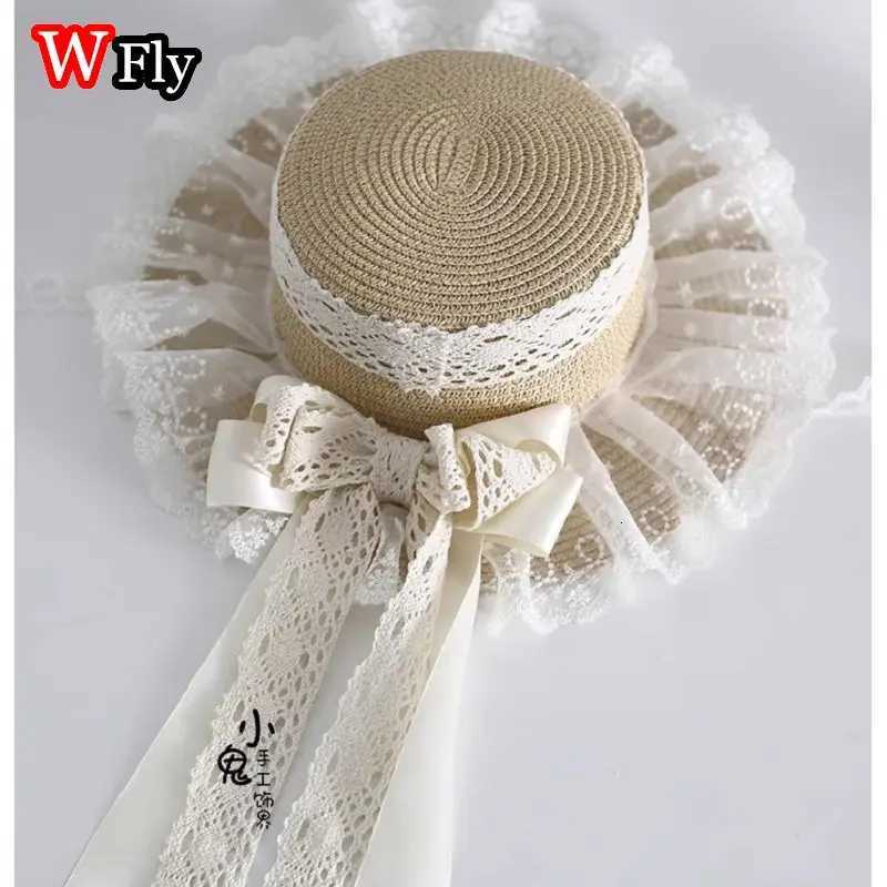 Harajuku Women Girls Straw Hats Beach Sun Hat Sweet Lolita Kawaii Princess ribbon Floral Lace Bow Straw Hat Female Handmade H260317 - view 6