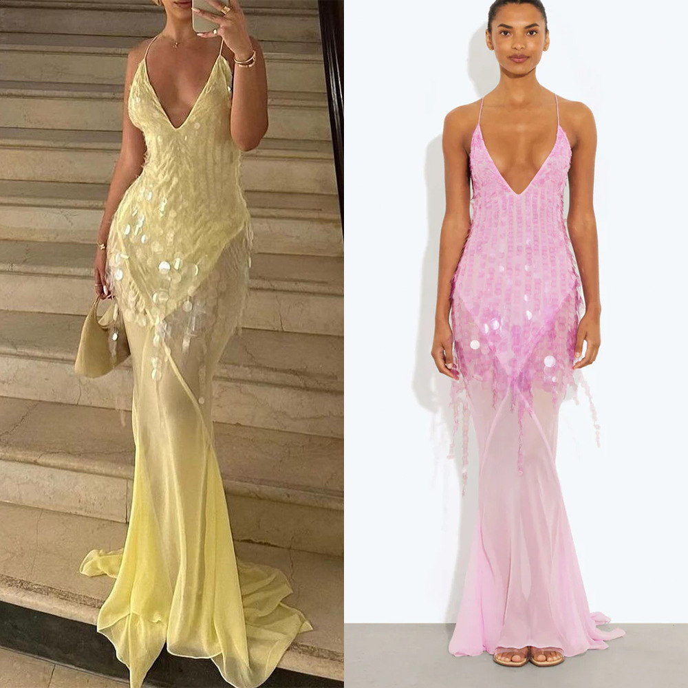 Holiday Sequin Lace See Through Long Dress Women Patchwork Sleeveless V-neck Lace Up Backless Party Dresses Yellow Robe 250604