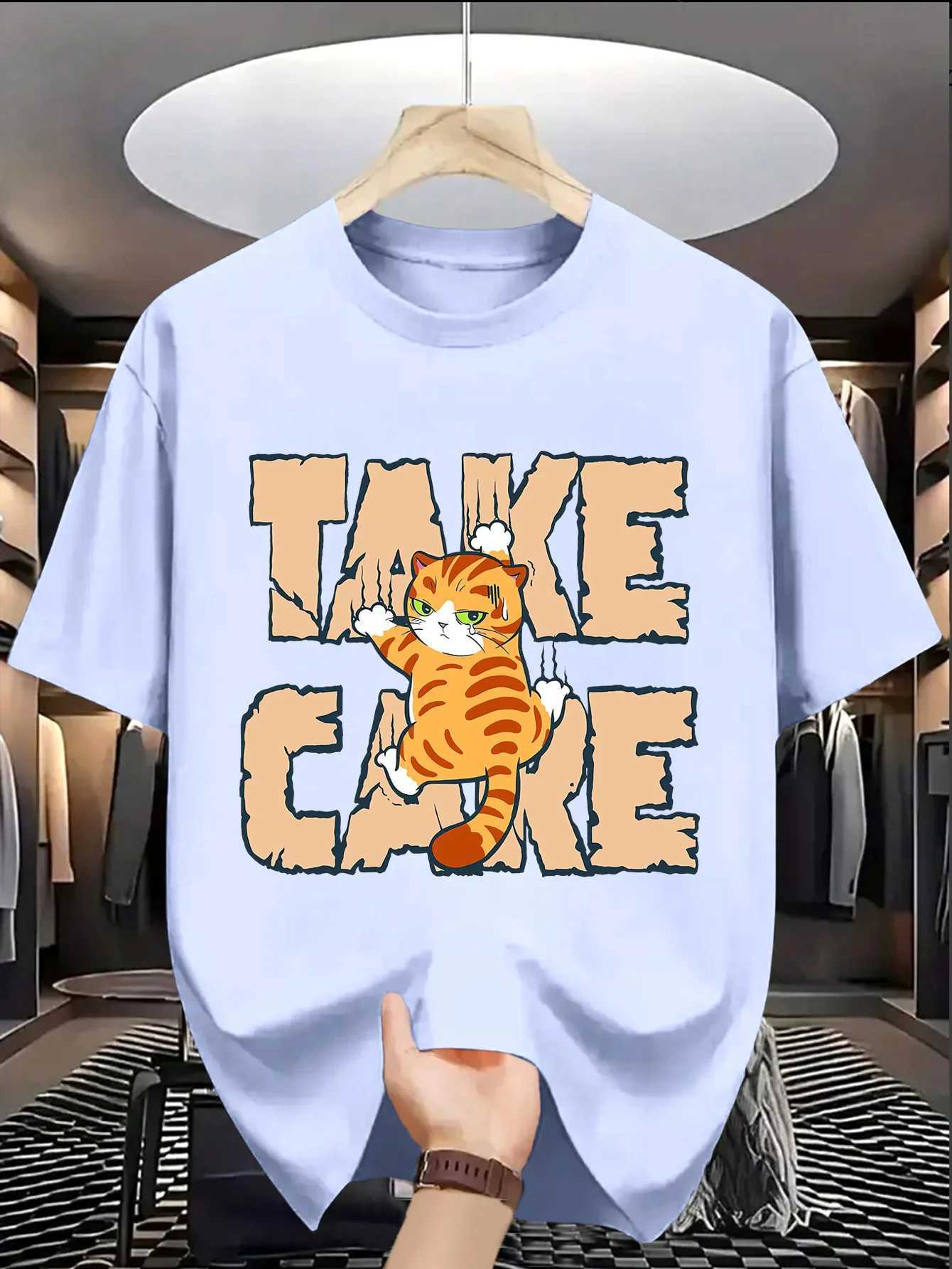 Summer Men Trendy American Street Style T-shirt Suitable Casual Outings Daily Wear Cat Pattern 100 Cotton Material Versatile M260317