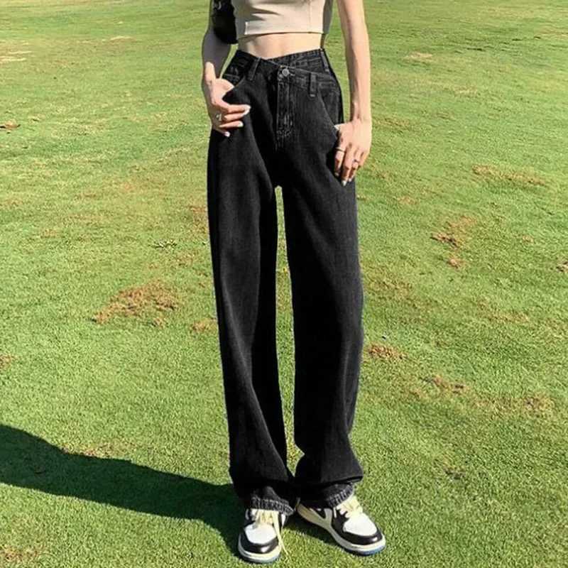 2025 Woman Ins Fashion Cross High Waist Jeans s Streetwear Basic Straight Leg Pants Lady Solid Baggy Wide Leg Denim Trousers M260317