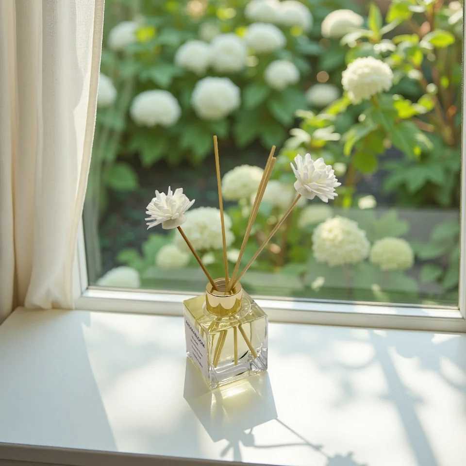 Bottle Set Reed Diffuser 100ml Transparent Square Glass Bottle with Diffuser Sticks and Decorative Flowers Beautiful Home Decor for Aromather D260317