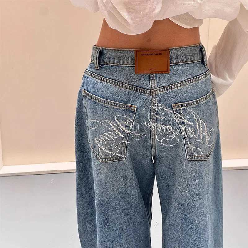 American Rhinestone Letter Denim Jeans Women Blue Vintage Straight Wide Leg Pants Chic High Waist Casual Harajuku Y2K TrousersT260317