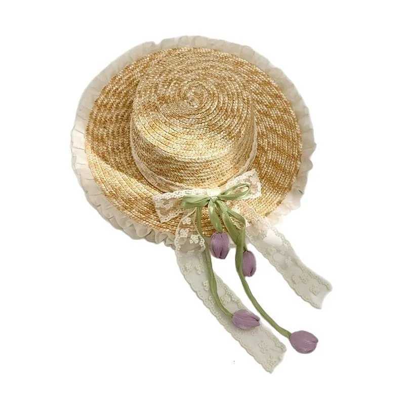 Womens Sun Protection Hats Tulip Bow Sweet Kawaii Fashionable Countryside Style Grass Hats Beach Ribbon Woven Grass Sun Hats H260317 - view 7