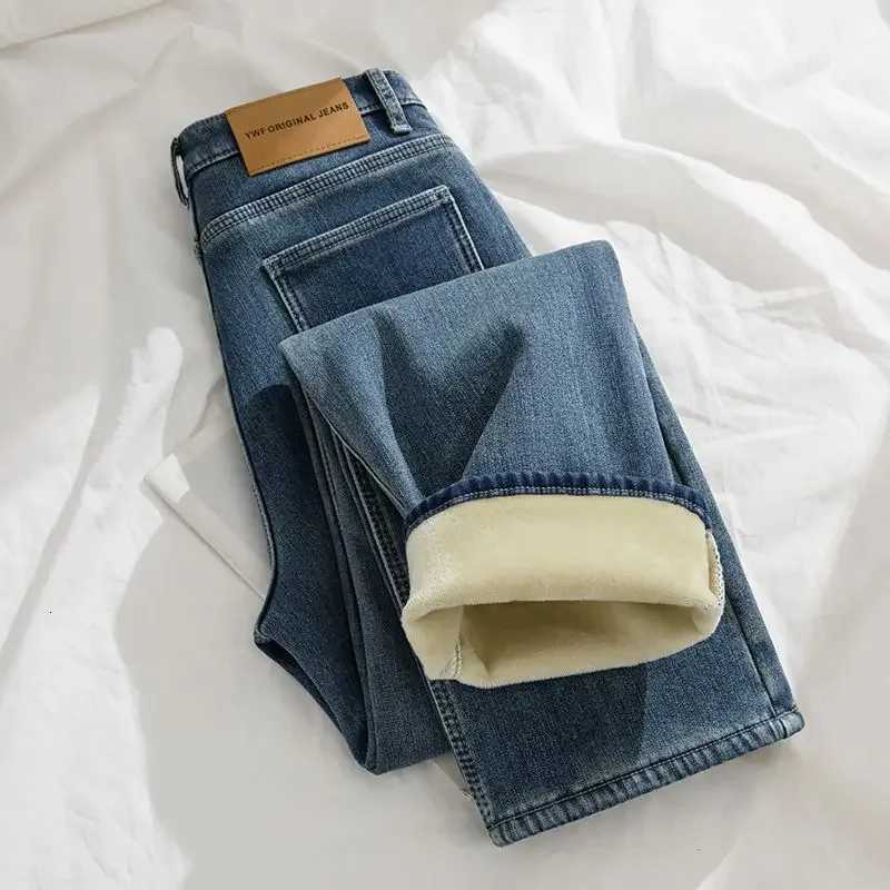 Jeans for Woman Y2k Pants Light Color Fleece Lined Thick Straight Leg High Waist Elastic Cigarette Pants 2025 Autumn WinterT260317