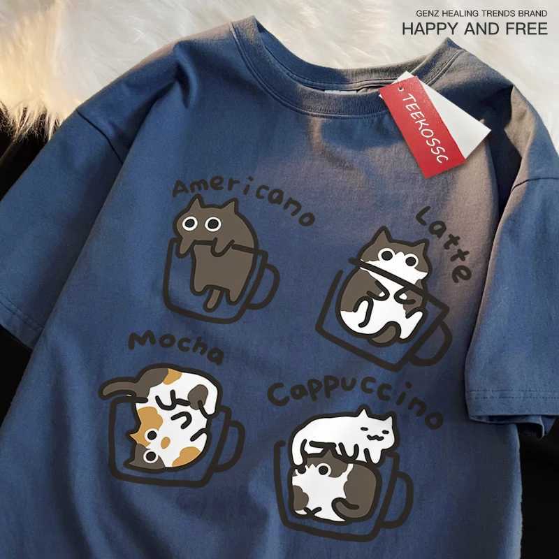 American Style Coffee Cat Print T-Shirts Man Casual Cotton T-Shirt Summer Breathable Tee Clothing Casual Loose Male T-Shirts M260317