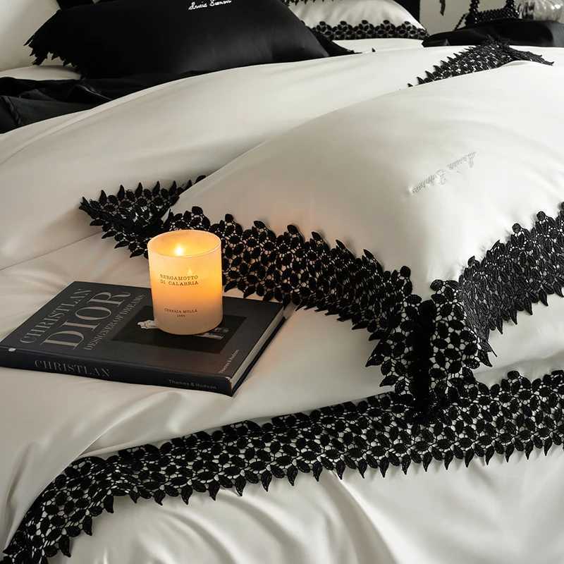 Black Lace Edge Embroidery Bedding Set 1000TC Lyocell Cotton Soft Silky Duvet Cover Set Bed Sheet/Fitted Sheet Pillowcases 4Pcs D260317