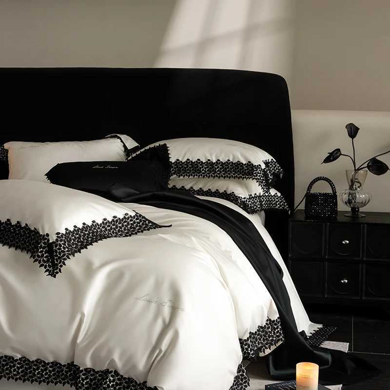 Black Lace Edge Embroidery Bedding Set 1000TC Lyocell Cotton Soft Silky Duvet Cover Set Bed Sheet/Fitted Sheet Pillowcases 4Pcs D260317
