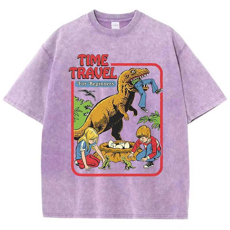 Stealing Dinosaur Baby Caught Washed Retro Men Tshirts Cotton Casual Short Sleeve Fashion Breathable Loose Oversized T-Shirt M260317