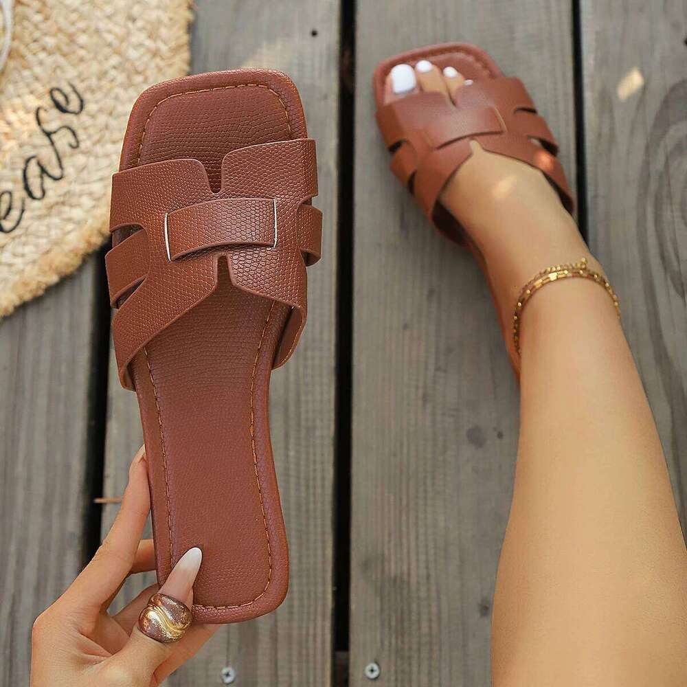 Solid Color Lightweight Sandals Square Toe Slip on Shoes Trend Casual Flat Slippers Luxury Slides Women