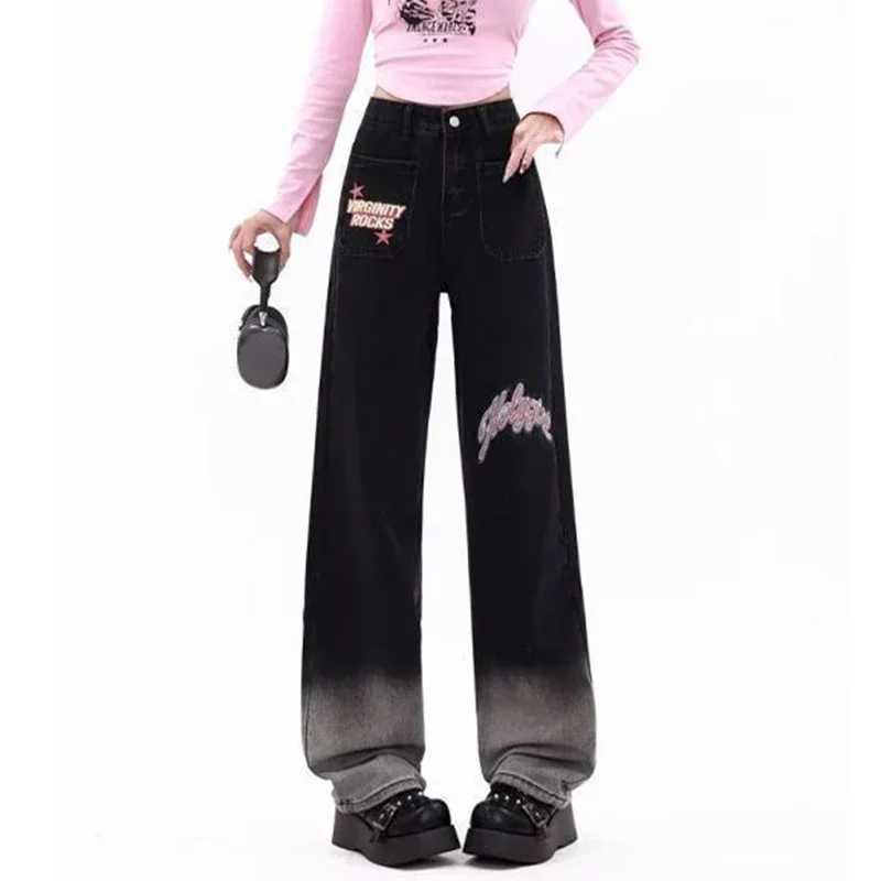 Woman High Waist Streetwear Thicken Wide Leg Jeans Female Fashion Punk Baggy Pants Lady Gothic Black Grey Thermal Denim Trousers M260317