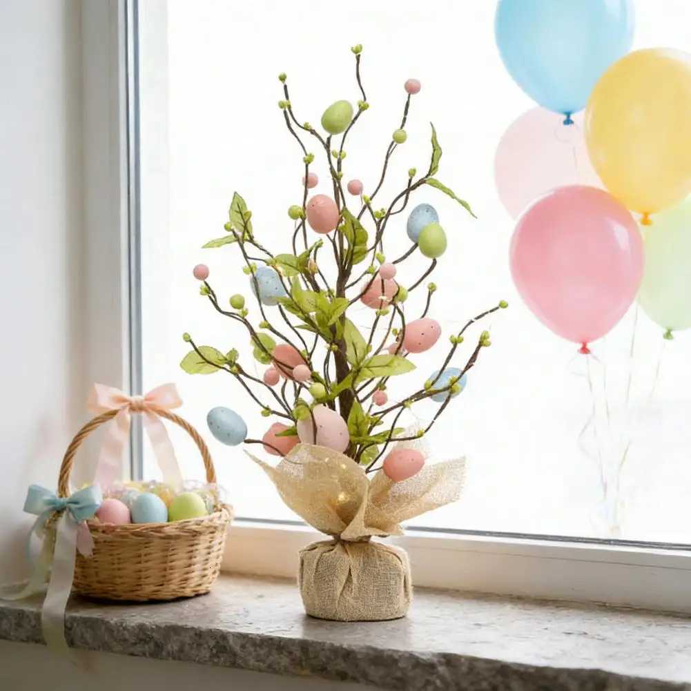 Pre-lit Easter Egg Tree with Burlap Base Battery Powered Easter Birch Tree with LED Light for Home Table Spring Party Decoration H260316