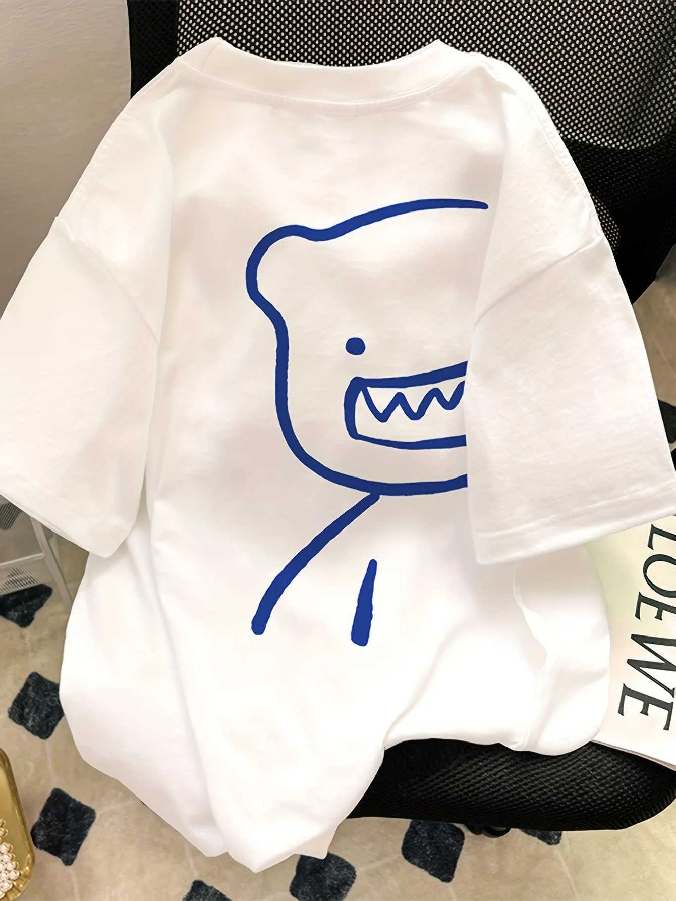 Men Cute Bear Face Pattern T-shirt Suitable Daily Casual Wear Summer White Fabric Comfortable Wear Street Style Fashionable Top M260317