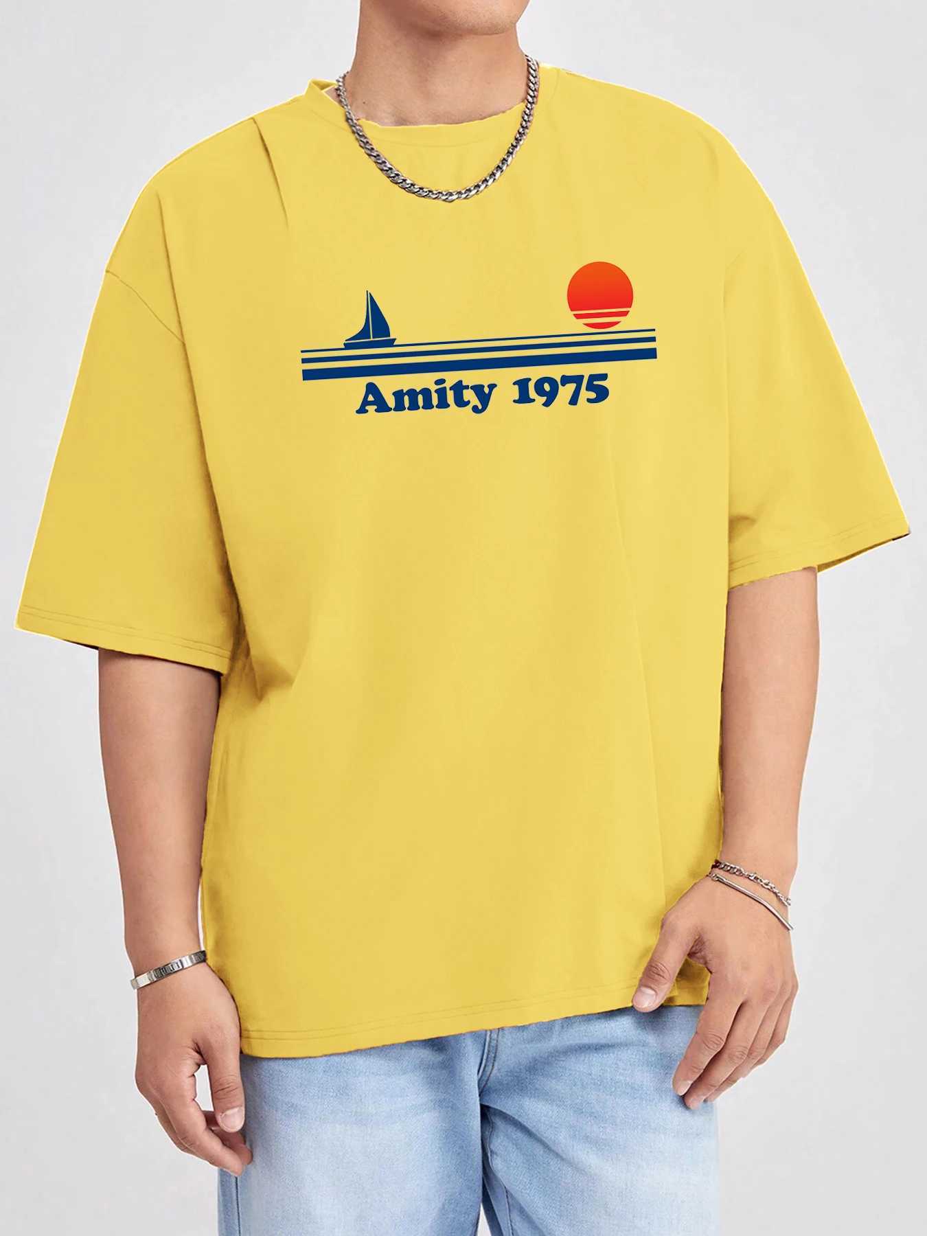 Amity 1975 Jaws Drawing By Arani Safira Print Men Streetwear Summer Soft Short Sleeve Breathable Basic Top Cotton Street T Shirt M260317