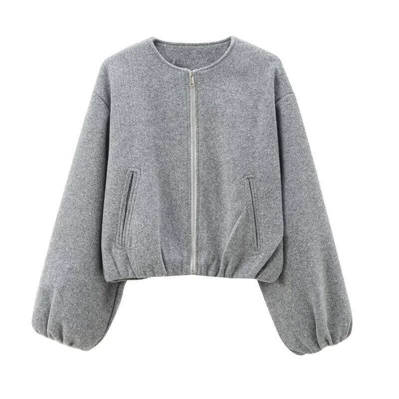 HXAO Outerwears Cropped Bomber Jacket Women Autumn Long Sleeve Faux Wool For Woman Winter Zip Up Gray Beige Short Coats