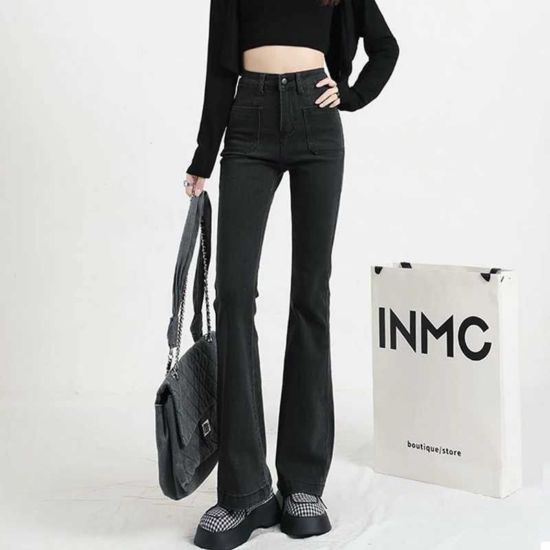 Classic Designer Women Straight Leg Flared Jeans Lady Korean High Waist Solid Denim Pants s Fashion Black Gray Trousers M260317