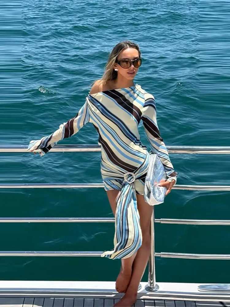 Chic One Shoulder Striped Resort Dress Women Contrast Tie Waist Full Slve Mini Dresses Female Boho Fashion Beach Lady Vestidos X260316