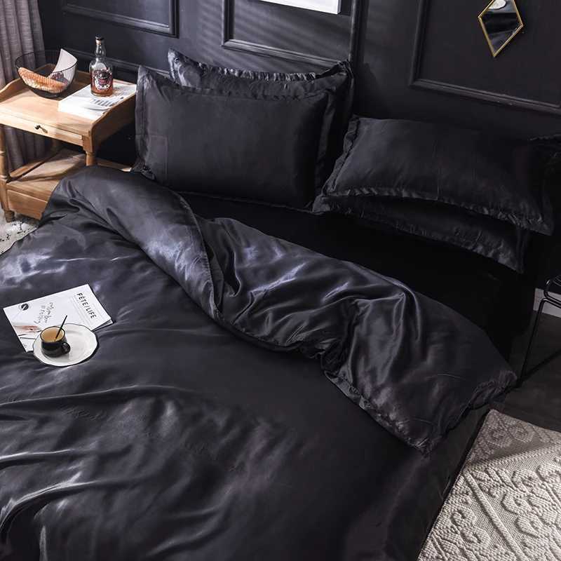 Solid Silk Bedding Set with Bed Sheet Duvet Cover Pillowcase Satin Single Couple Bedsheet King Queen Double Twin Size D260317